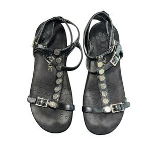 Vionic Hailey Gladiator Sandals Womens 7 Black Leather Gold Buckle T Straps